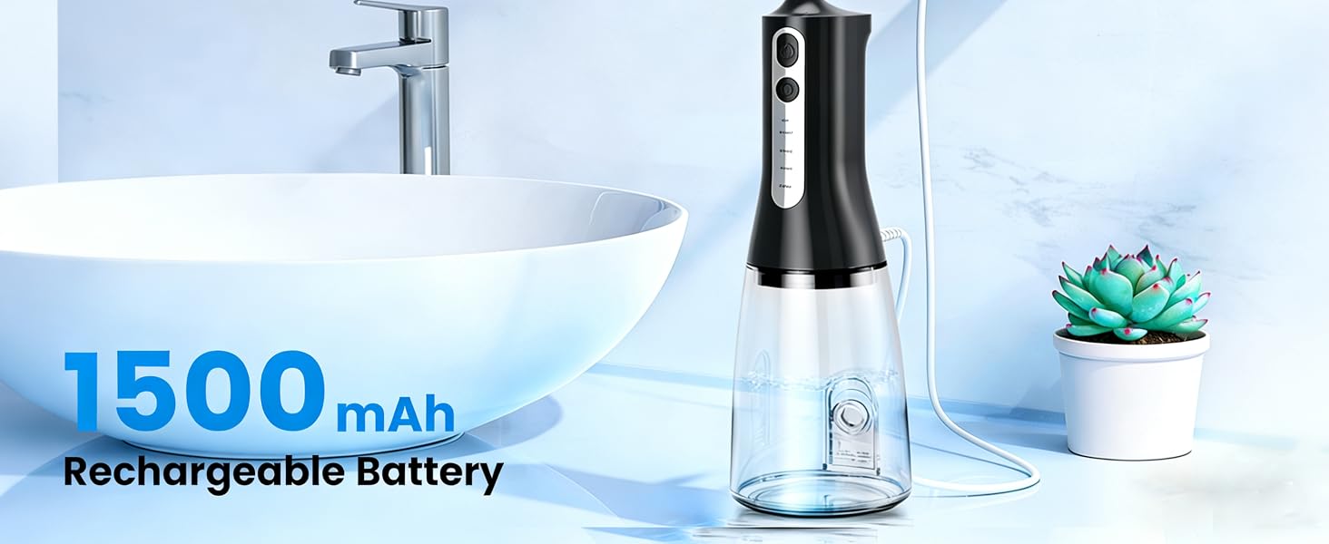 Text reads '1500mAh Rechargeable Battery'. Product shots showing a transparent device with water features and battery indicator.