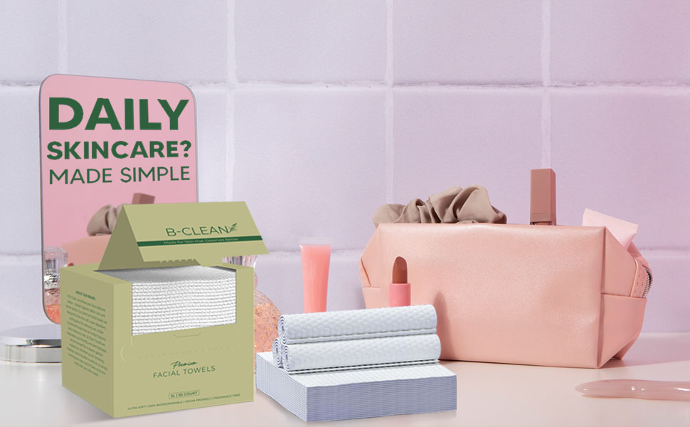 B-CLEAN disposable facial towels shown as ultra-soft wipes for skincare use.
