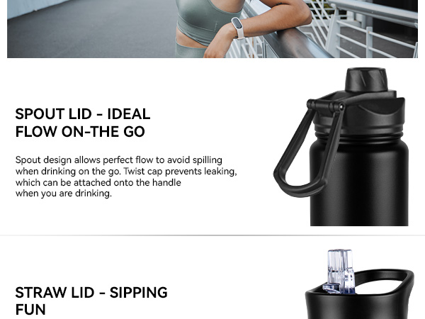 24oz water bottle with 2 lids