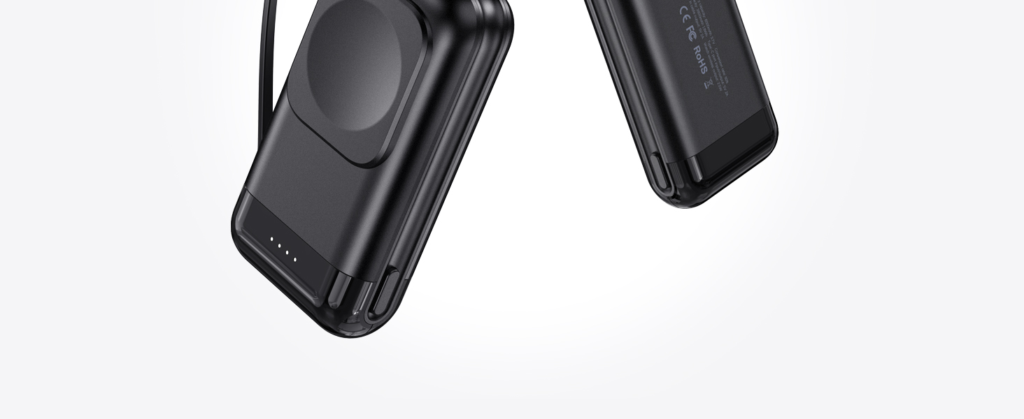 Black portable power bank or charging device shown from multiple angles, featuring a sleek design with curved edges and what appears to be a charging port.
