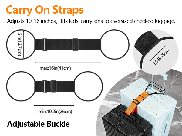 Text reads 'Carry On Straps', 'Attaches 18-16 inches. Fits bulky carry-ons to oversized checked luggage.', 'meet165x165mm', 'Adjustable Buckle', 'meet:10.26x26mm'. Luggage strap system with two size options and adjustable buckle mechanism displayed.
