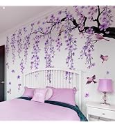 Lilacanthara Large Cherry Blossom Tree Wall Stickers,4 Sheets Spring Purple Flower Bird Wall Deca...
