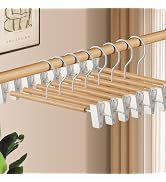 HWAJAN Wooden Pants Hangers with Clips 10 Pack Adjustable Wood Skirt Hangers for Women&Men Space ...