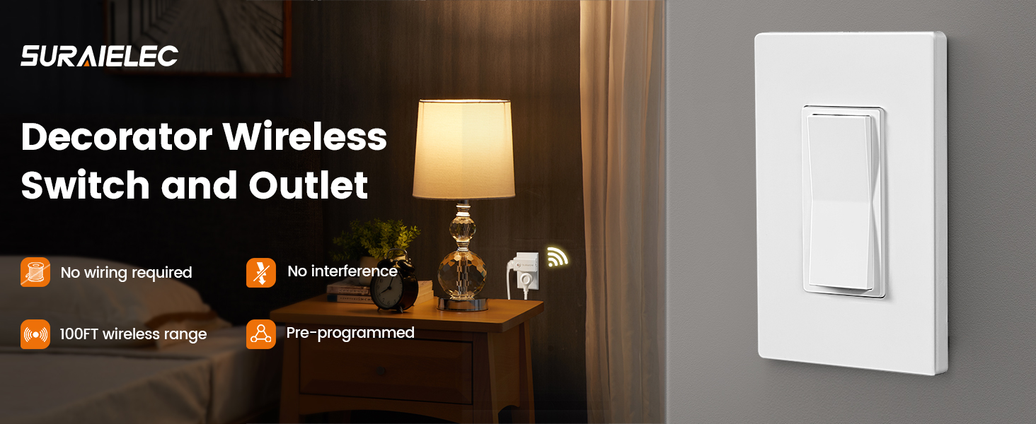 SURAIELEC Wireless Light Switch Remote Control Outlet Decorator Rocker Wall Switch receiver kit