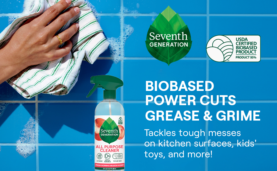 Seventh genereation all purpose cleaner, tackles tough messes on kitchen surfaces.