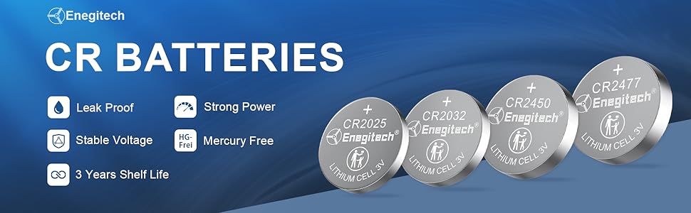 Four silver coin-shaped CR batteries arranged in a row. Text indicates they are leak-proof, have strong power, stable voltage, mercury-free, and a 3-year shelf life.