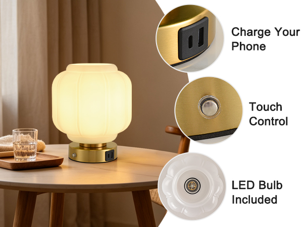 Rechargeable Table Lamp Cordless Milk Glass Bedside Lamp Small white and gold