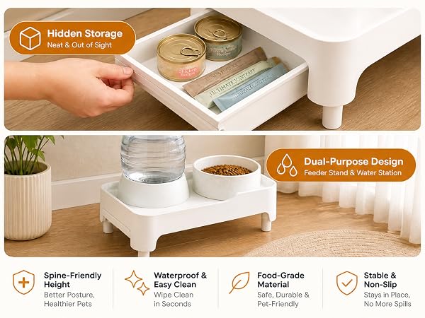 Built-in sliding storage drawer holding pet food cans treats and grooming accessories