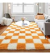 KICMOR Soft Fluffy 5x8 Orange and Cream White Rugs Living Room Carpets, Large Fuzzy Checkered Sha...