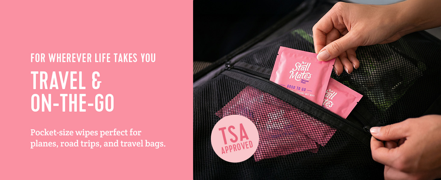 Stall Mates, Individually wrapped wet wipes for on-the-go. Ready for Travel and TSA approved