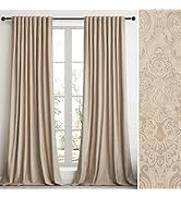 GIGIZAZA Velvet Curtains 96 Inch Long 2 Panels, Beige Vintage Drapes Floral Embossed Blackout Win...