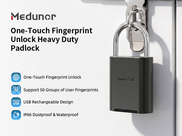 Medunor heavy duty fingerprint padlock with one-touch unlock, IP66 waterproof