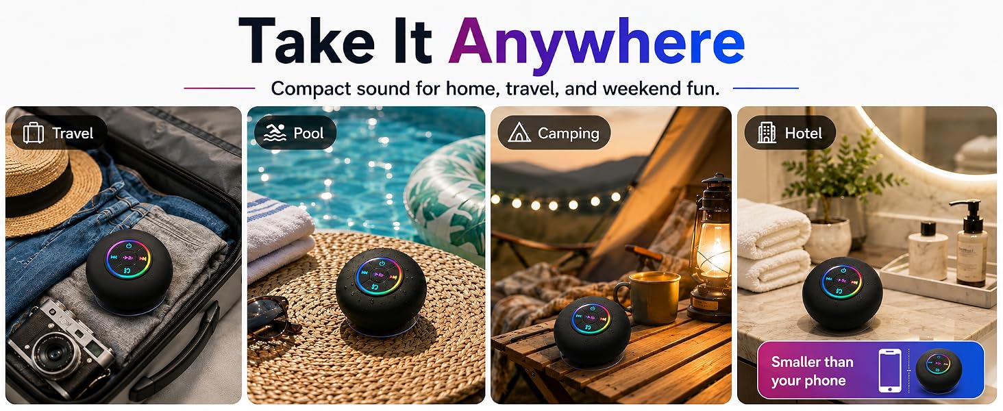 Portable bathroom speaker. Smaller than your phone. Travel.Pool.Camping.Hotel