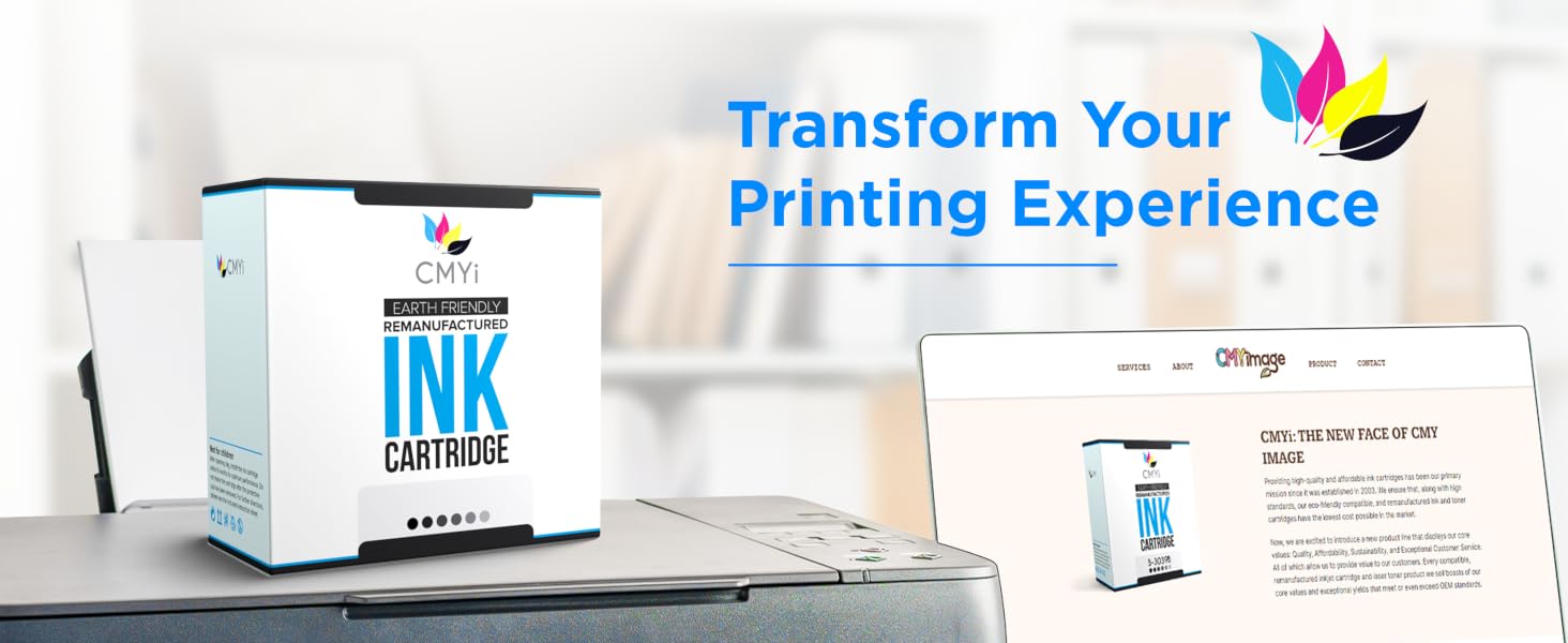 A CMYi ink cartridge on the top of a printer with a laptop at the right side