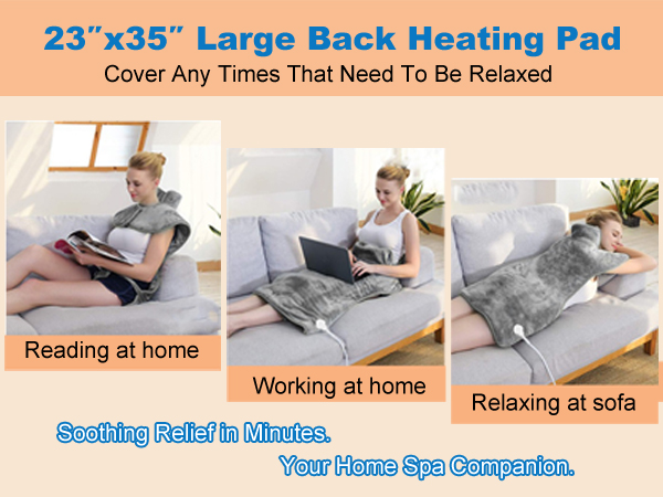 Versatile heating pad used while reading or working, providing warm to the back, legs, and abdomen
