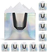 Nihuecne 10 Pack Glossy Iridescent Holographic Gift Bags with Tissue Papers, 13'' Reusable Non-wo...
