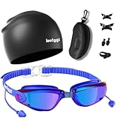 LEEIGGT Swim Goggles+Swim Cap, No Leak Anti-Fog & UV,Swimming Goggles Full Protection Adult Men W...