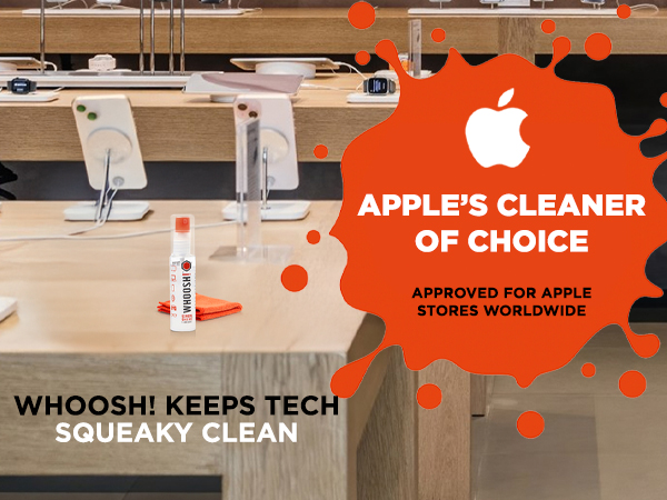WHOOSH! cleaner in an Apple Store display, noting it's Apple's Cleaner of Choice.