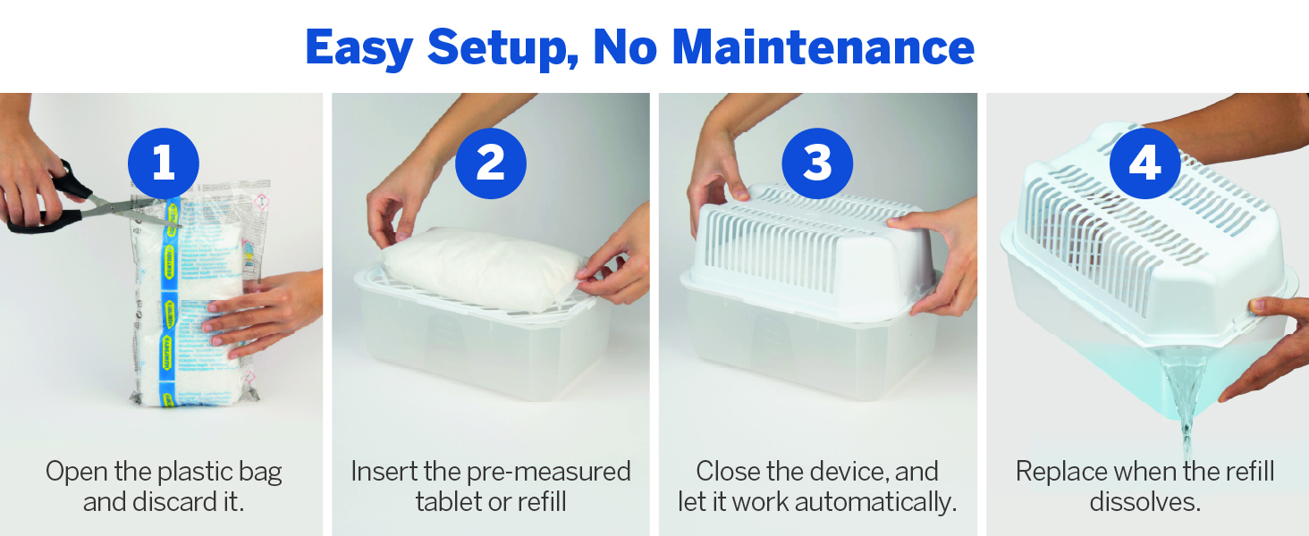 Easy Setup, No Maintenance, Open the plastic bag and discard it, Replace when the refill dissolves.