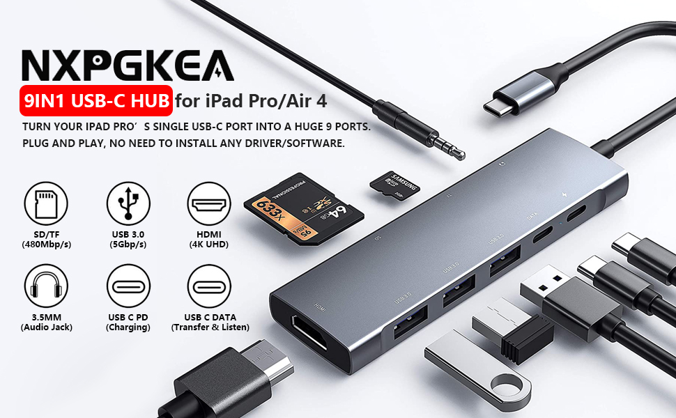 NXPGKEA 9IN1 USB C HUB for iPad Pro 2021/2020/2018 and iPad Air 4
