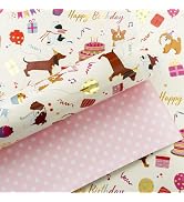 Yarcony Cream Dog Birthday Wrapping Paper, Reversible Pink Dots Design Gift Wrap for Birthday, Ba...