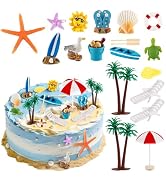Hooqict 19Pcs Beach Cake Decorations Set with Mini Coconut Tree, Seashell, Sea Animals, Pool Beac...