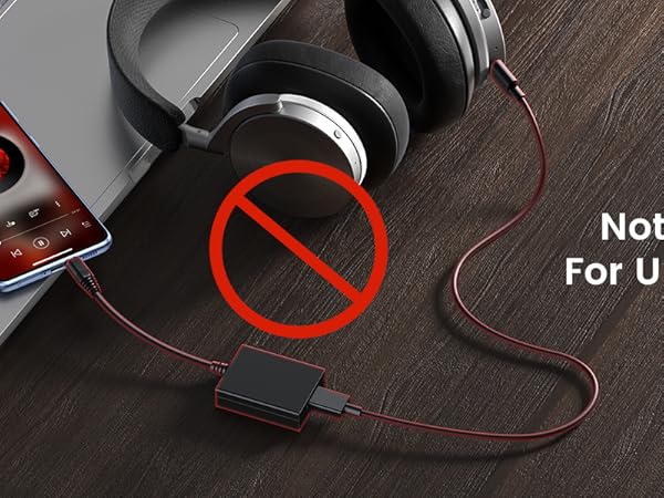 Product compatibility warning showing laptop, headphones, and phone with 'Not Supported For USB Headset' message and red prohibition symbol.