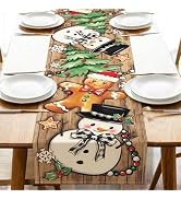 Croar Christmas Dining Table Runner, Xmas Tree Snowman Gingerbread Man Wood Grain Burlap Kitchen ...