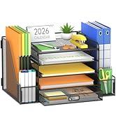 SUPEASY Mesh Desk Organizer with File Holder, 5-Tier Paper Letter Tray Organizer with Magazine Ho...