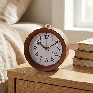 Round wooden wall clock with light face and dark numerals mounted above wooden nightstand. Stack of books and cozy bedding visible beside clock in bedroom setting.