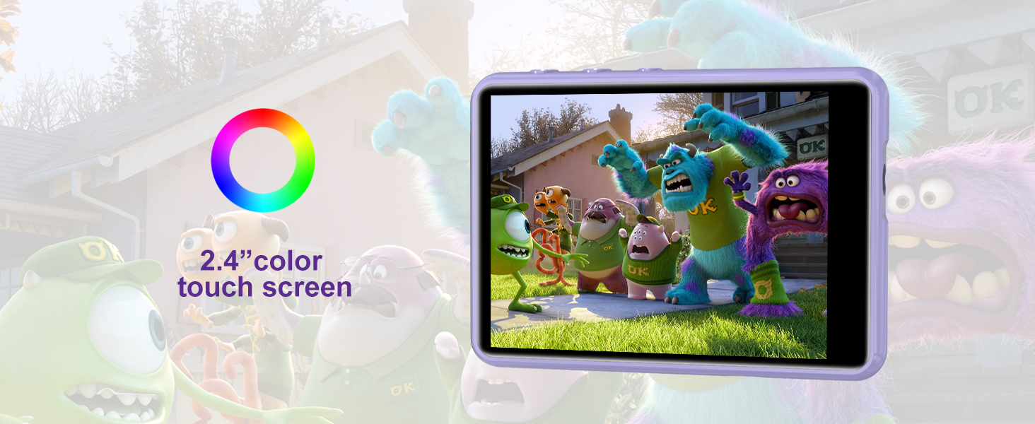 Tablet device with purple frame displaying animated characters. Text indicates '2.4" color touch screen'. Circular rainbow color wheel shown to the left.