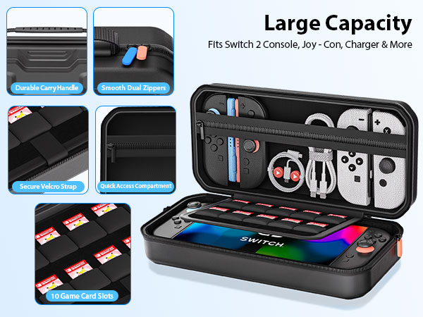 Text reads 'Large Capacity'. Storage case for Nintendo Switch showing multiple compartments, game card slots, and accessory storage options with detailed product views.
