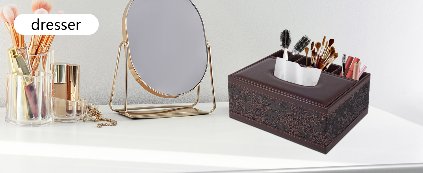 Text reads 'dresser'. Vanity organization setup showing mirror, storage box, and various beauty accessories on light-colored surface.