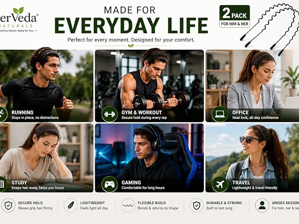 wave headband shown in 6 daily activities including running, gym, office, and travel.