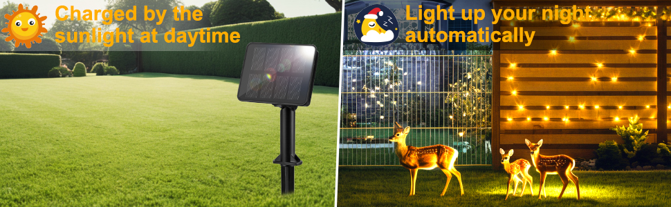 Split image of outdoor solar lights. Left: Spotlight on grass. Right: Decorative animal-shaped lights illuminating a nighttime garden scene.