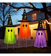 DAZONGE 3-Pack Halloween Hanging Ghost Decor Outdoor with String Lights | Spooky Hanging Ghost Ha...