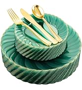 YOUBET 125PCS Clear Green Plastic Plates with Gold Rim - Green and Gold Plastic Silverware Includ...