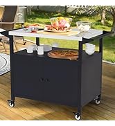 Outdoor Grill Table with Storage, Movable BBQ Grill Cart, Outdoor Kitchen Prep Station, Rolling B...