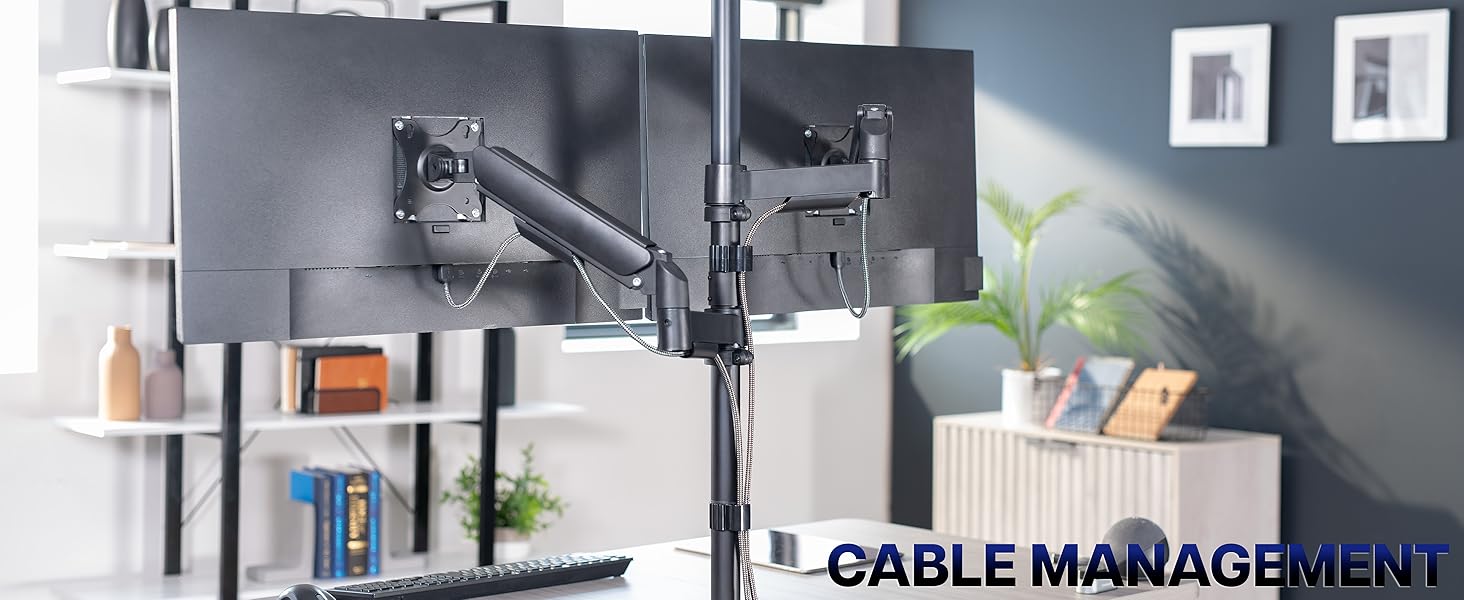 dual monitor stand vertical stack desk mount gas spring arm tall pole vesa bracket riser black