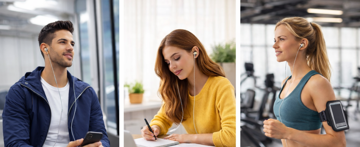 Showcase of wired earbuds in commuting, study and workout lifestyle settings