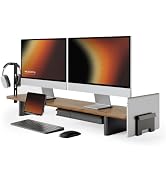 Fenge Modular Dual Monitor Stand Riser with Solid Ash Wood Leg, 42.5" Brown | Metal Storage Drawe...