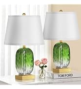 Green Glass Table Lamp Set of 2 Touch Control, 2 USB Ports, Dimmable