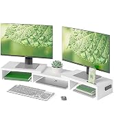 BONTEC Dual Monitor Stand Riser with Smartphone Holder, Adjustable Length & Swivel Angle Wooden D...