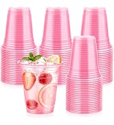 LIKAJON 50 Pink Transparent Plastic Cups, 12 oz Disposable Cups, Drinking Valentine's Day Cups fo...