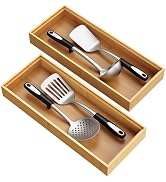 Bamboo Drawer Organizer Set of 2-15"x6"x2" Stackable Utensil Trays for Kitchen, Wood Silverware O...