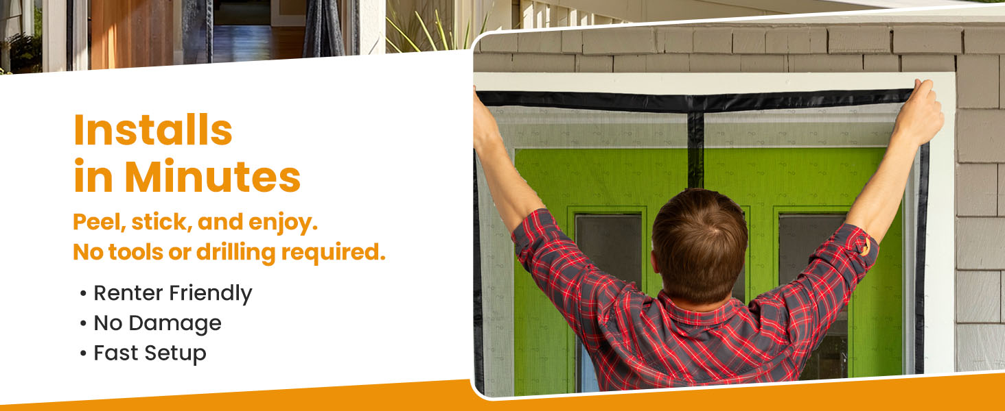 Gray screen door install for renters. Peel and stick, no tools or drilling. Installs in minutes.