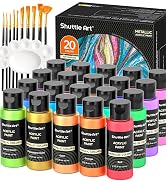 Metallic Acrylic Paint Set, Shuttle Art 20 Colors Metallic Paint in Bottles (60ml, 2oz) with 3 Br...