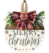 Ksdkrme Merry Christmas Door Wreath Hanger Sign Decor | Wooden Welcome Wreaths Sign with Bow, for...