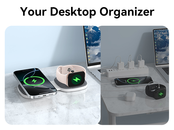 Text reads 'Your Desktop Organizer'. Multiple images showing white charging dock station with illuminated green logo, displaying various angles of device charging capabilities.