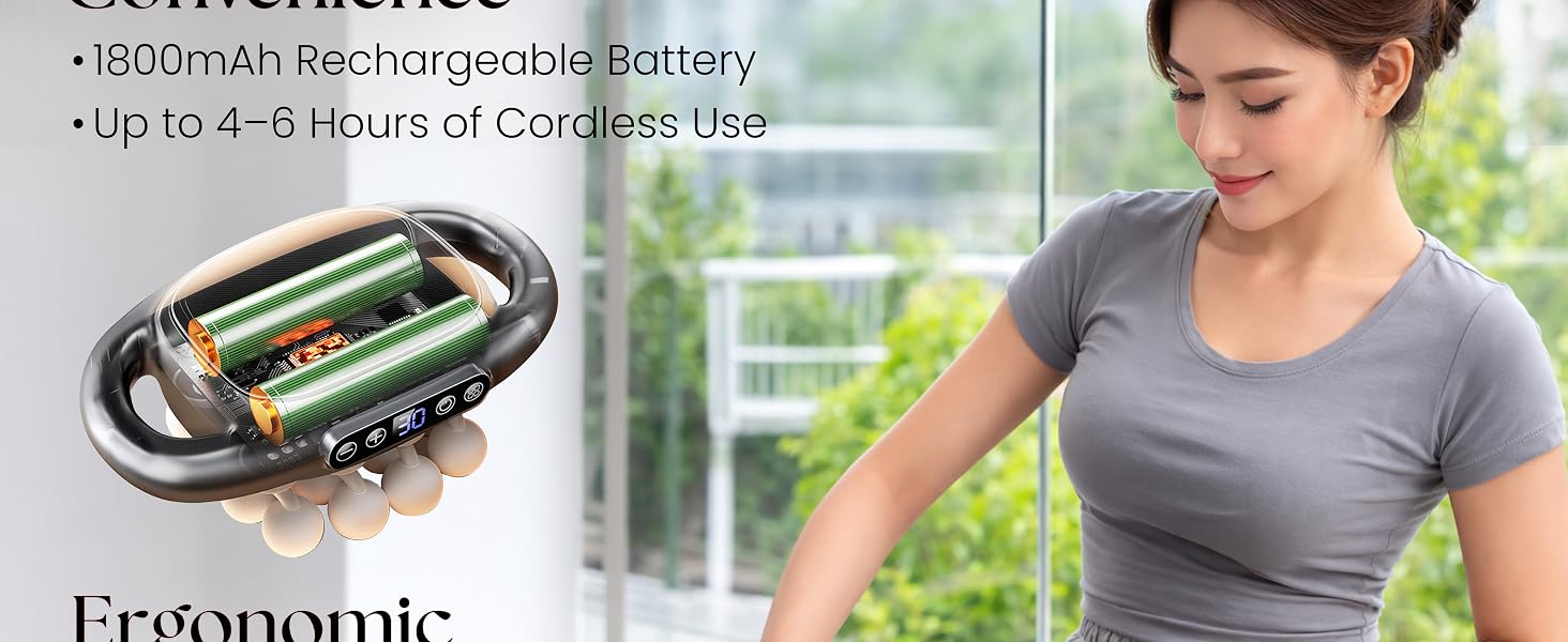 Ergonomic rechargeable massager with long-lasting battery